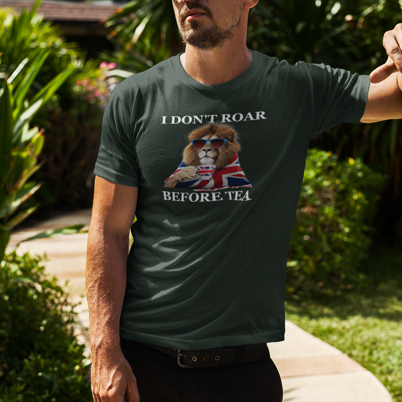 Funny British Lion T-Shirt: I Don't Roar Before Tea, UK Humor Gift