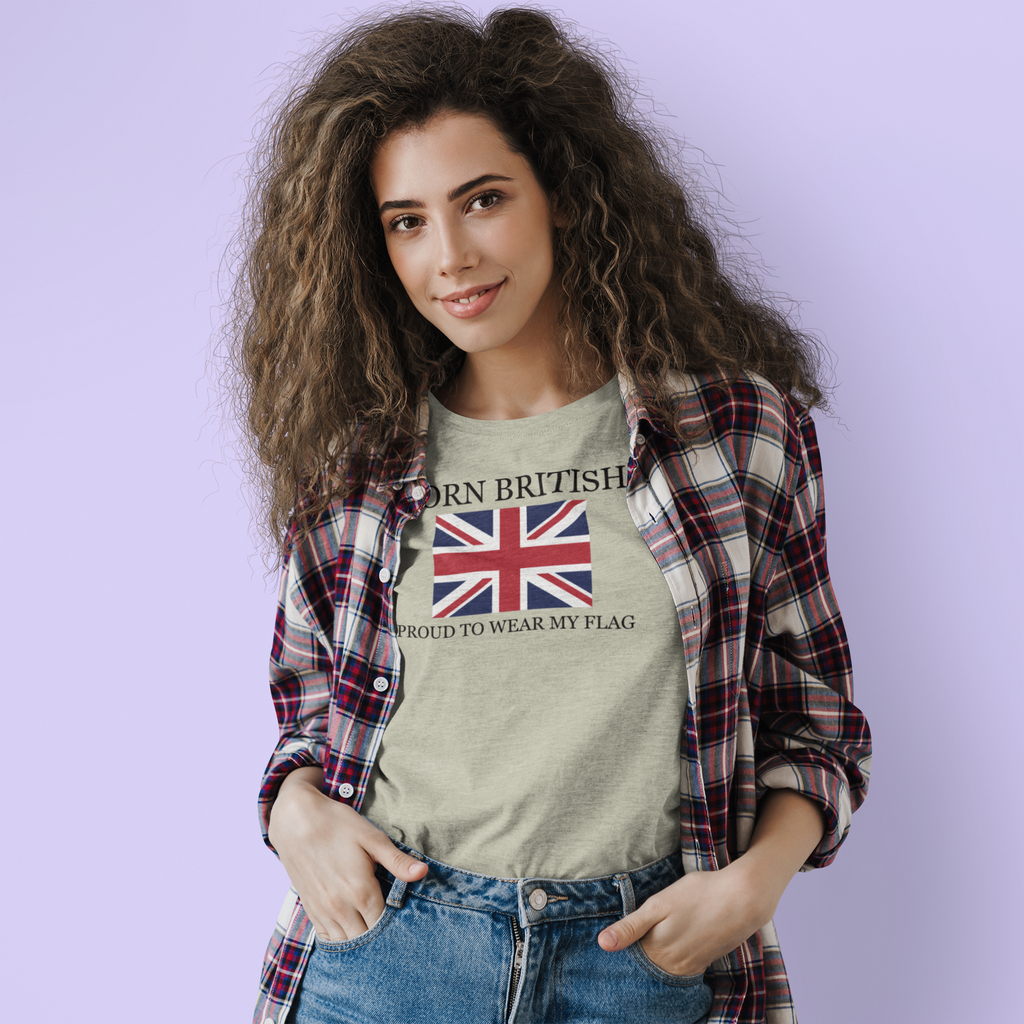 Woman wearing a t-shirt with a Union Jack design and text on a light purple background