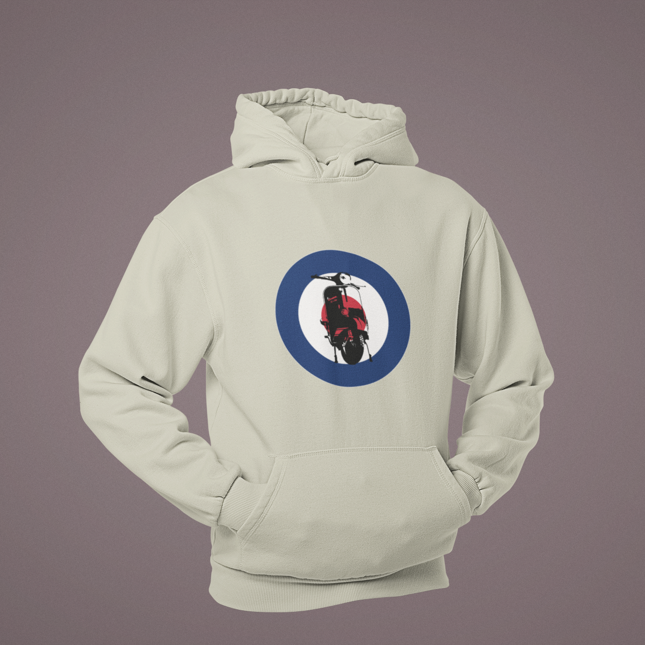 Light gray hoodie with a circular design featuring a motorcycle on a plain background