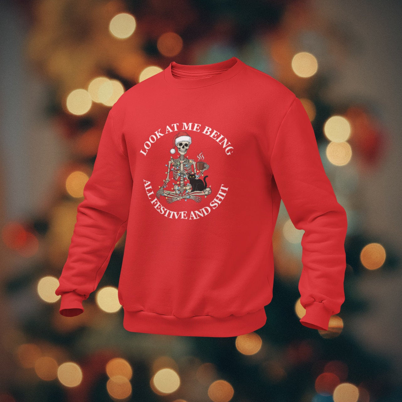 Red sweatshirt with a graphic design on a blurred background