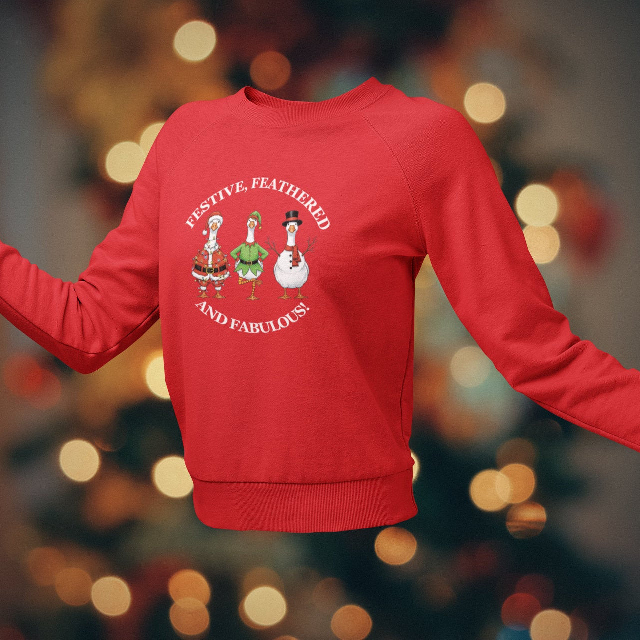 Red sweatshirt with a graphic design on a blurred background