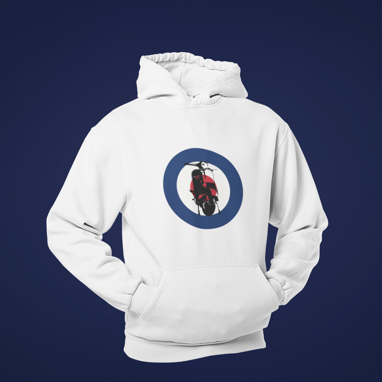 White hoodie with a circular logo featuring a motorcycle on a dark blue background