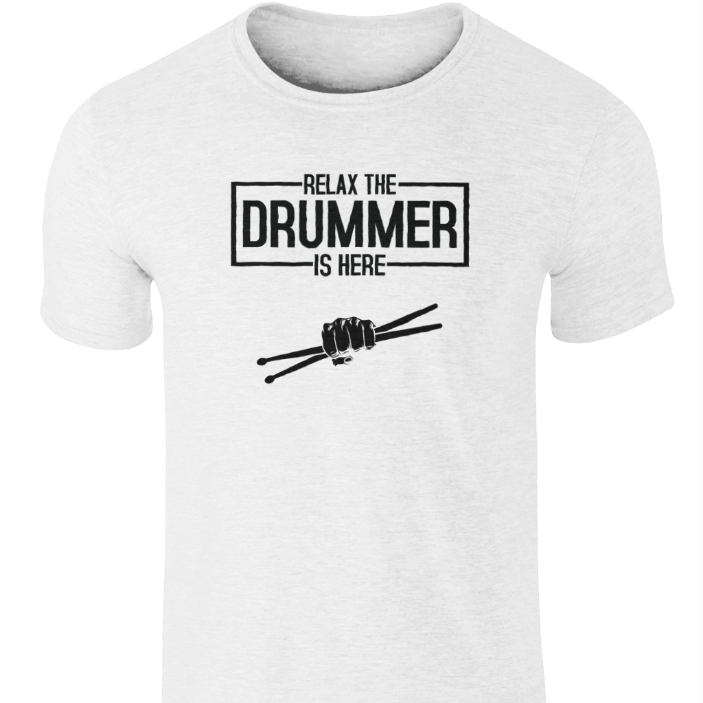 White t-shirt with black text and graphic on a white background