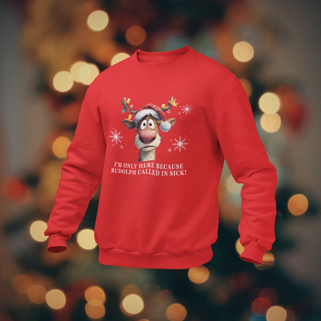 Red Christmas-themed sweatshirt with cartoon character on a blurred lights background