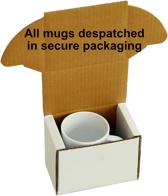 White mug in a cardboard box with text 'All mugs despatched in secure packaging'.