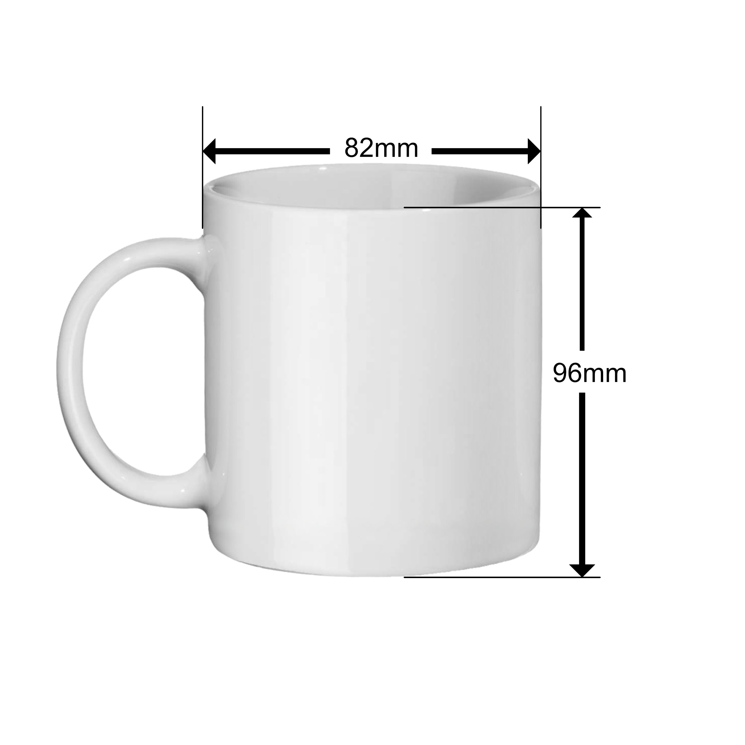 White mug with dimensions labeled on a white background