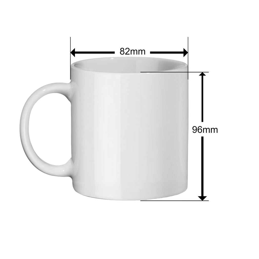 White mug with dimensions labeled on a white background