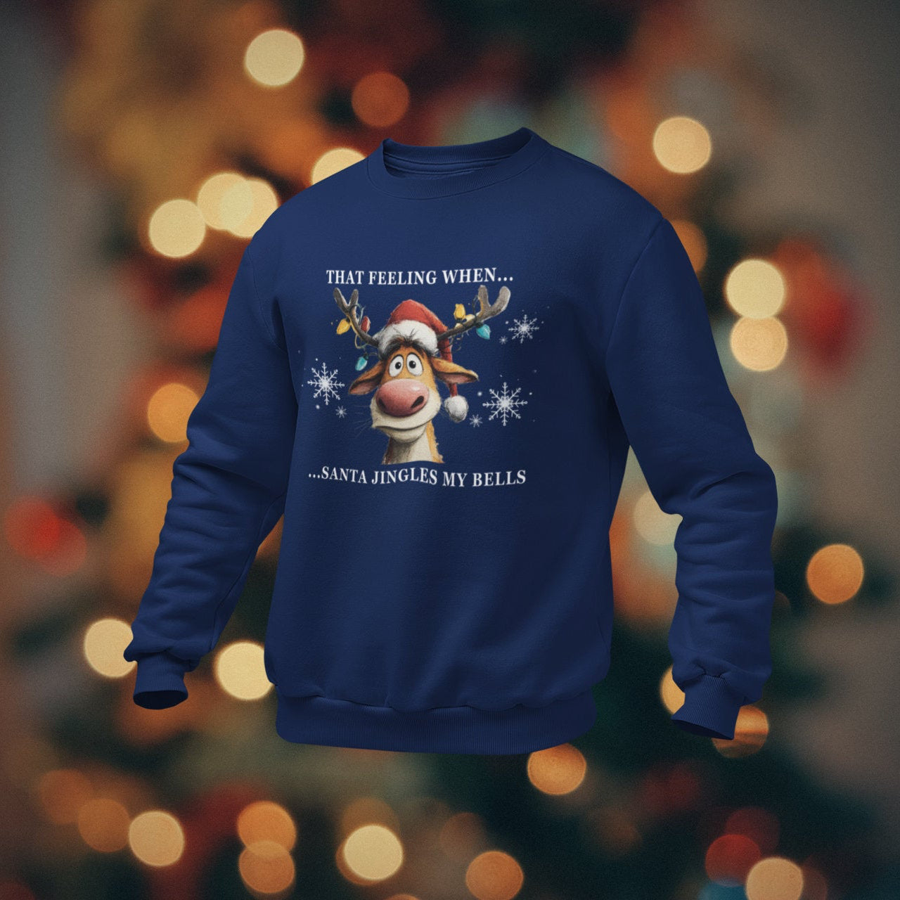 Blue sweatshirt with Christmas design on a blurred festive background