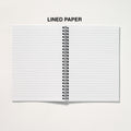 Open notebook with lined paper on a white background