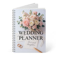 Wedding planner notebook with floral design and text on a white background