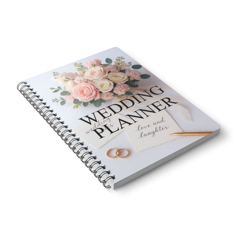 Wedding planner book with floral design and rings on a white background
