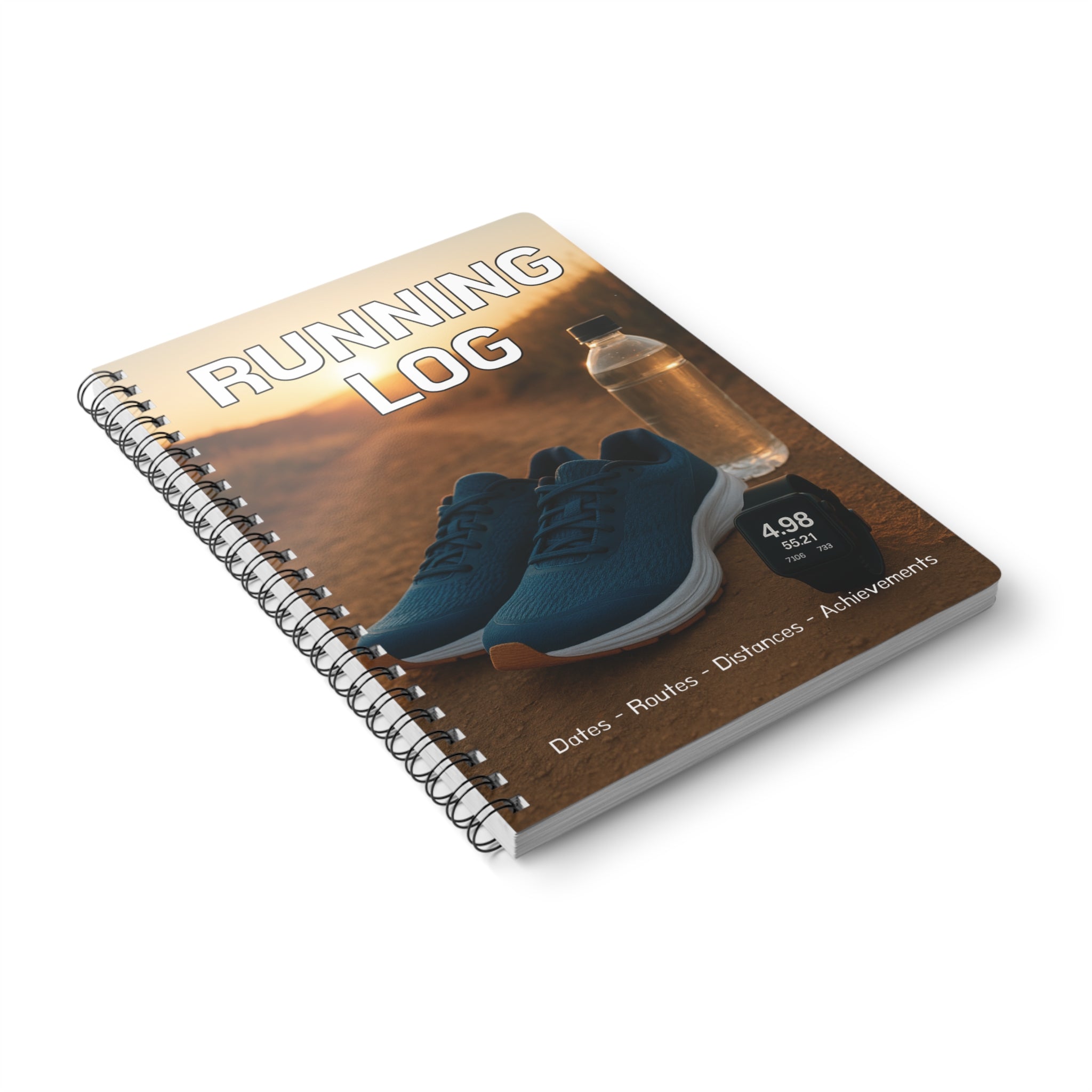 Running log book with a picture of running shoes and a water bottle on a wooden surface.