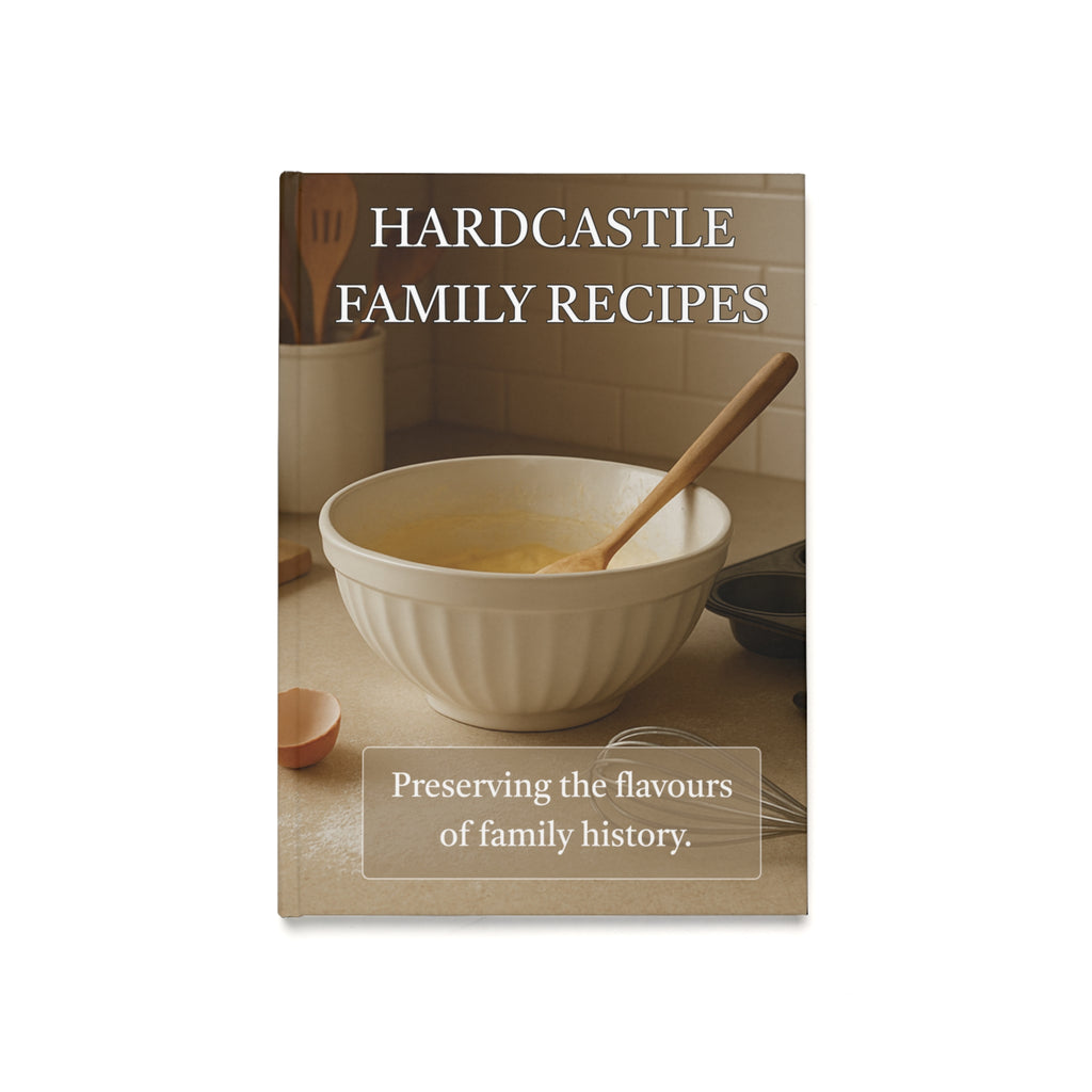 Book cover of 'Hardcastle Family Recipes' with a bowl and wooden spoon on a kitchen counter.