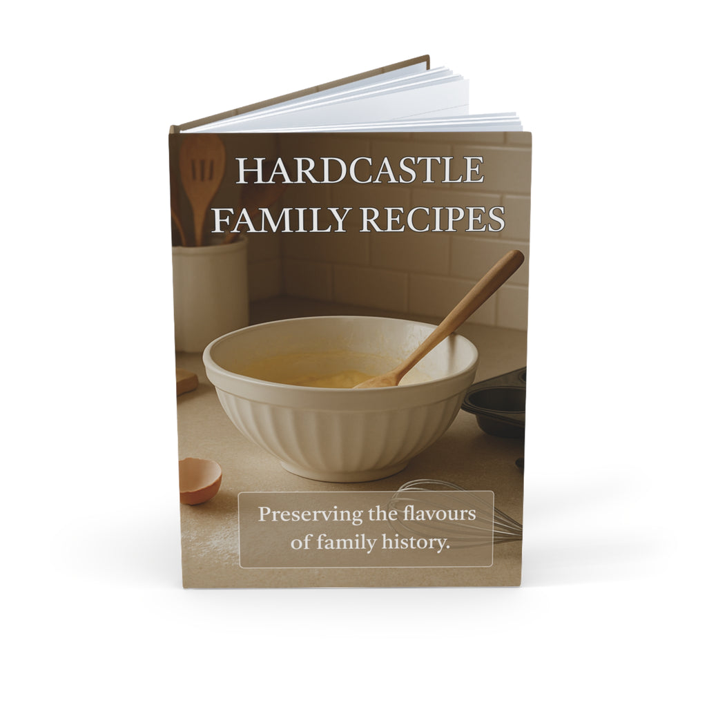 Cookbook titled 'Hardcastle Family Recipes' with a bowl and wooden spoon on the cover.