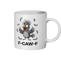 White mug with a cartoon rooster design and text on a white background