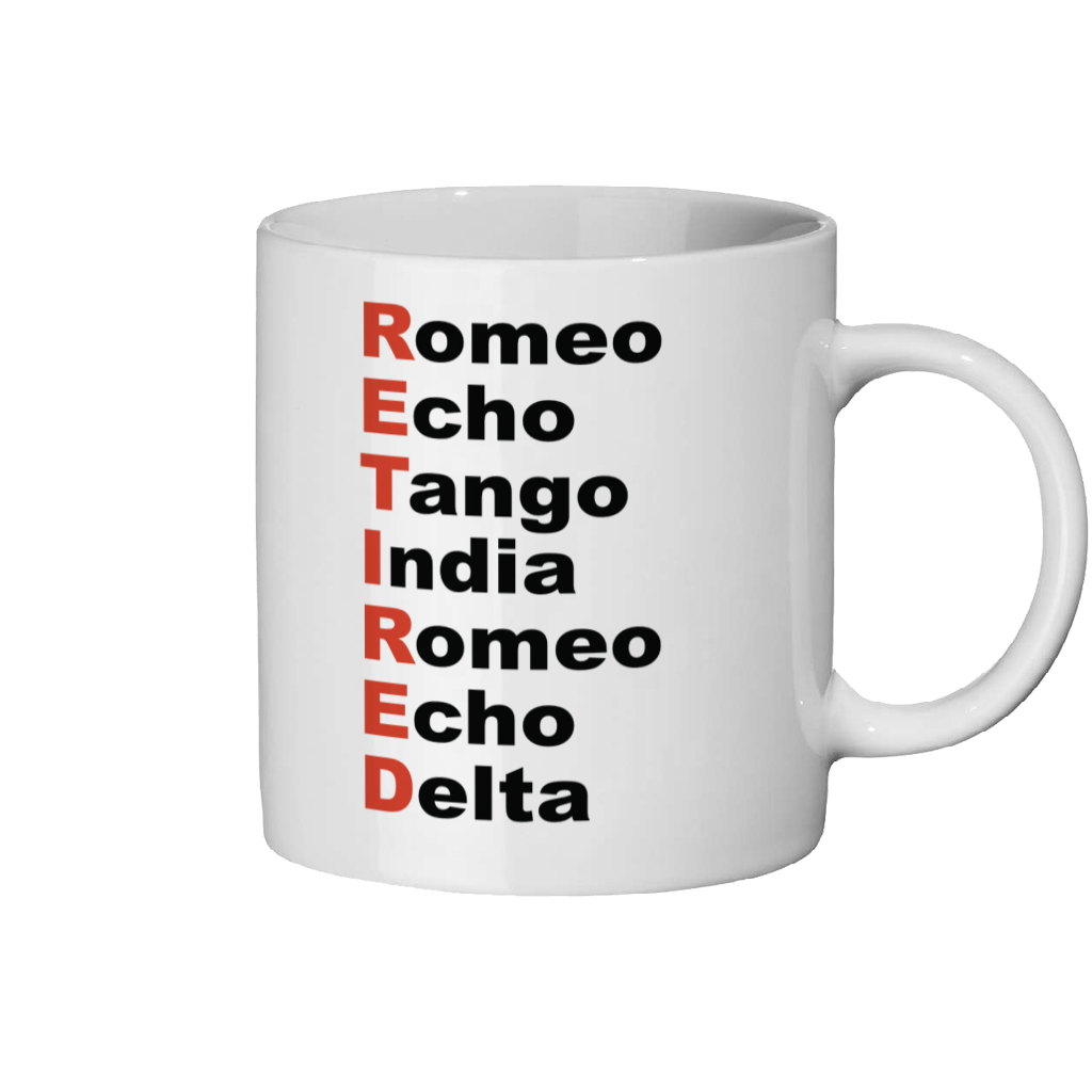 White mug with 'Romeo Echo Tango India Romeo Echo Delta' text in black and red on a white background