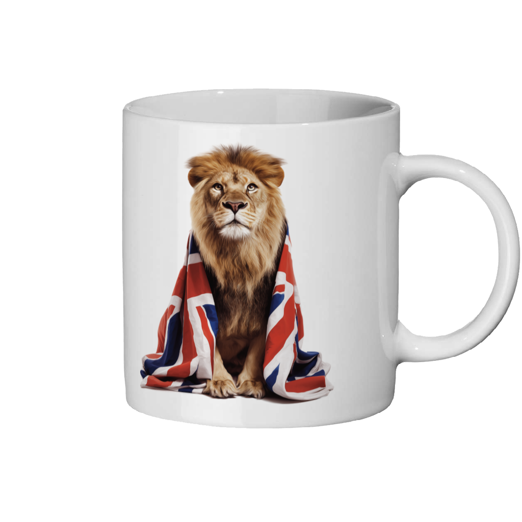 White mug with a lion wrapped in a Union Jack flag on a white background
