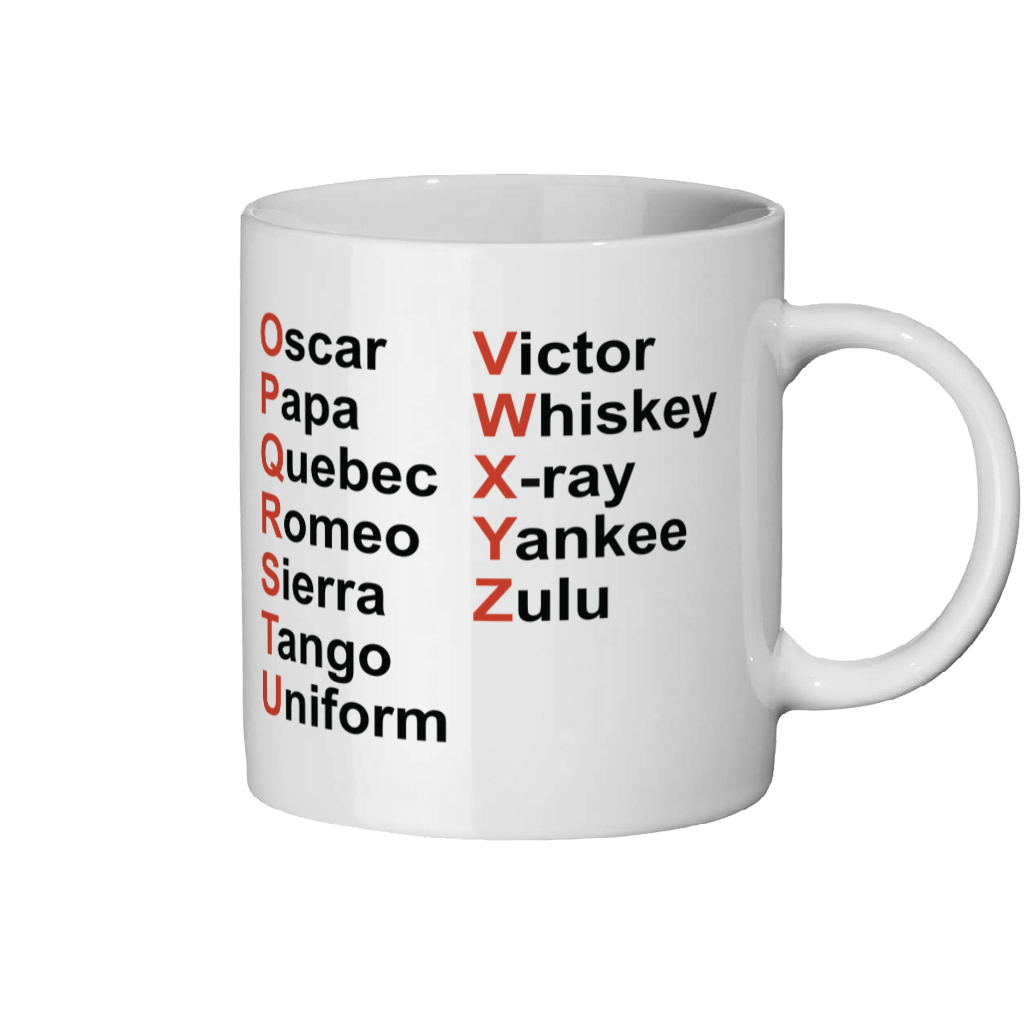 White mug with NATO phonetic alphabet text on a white background