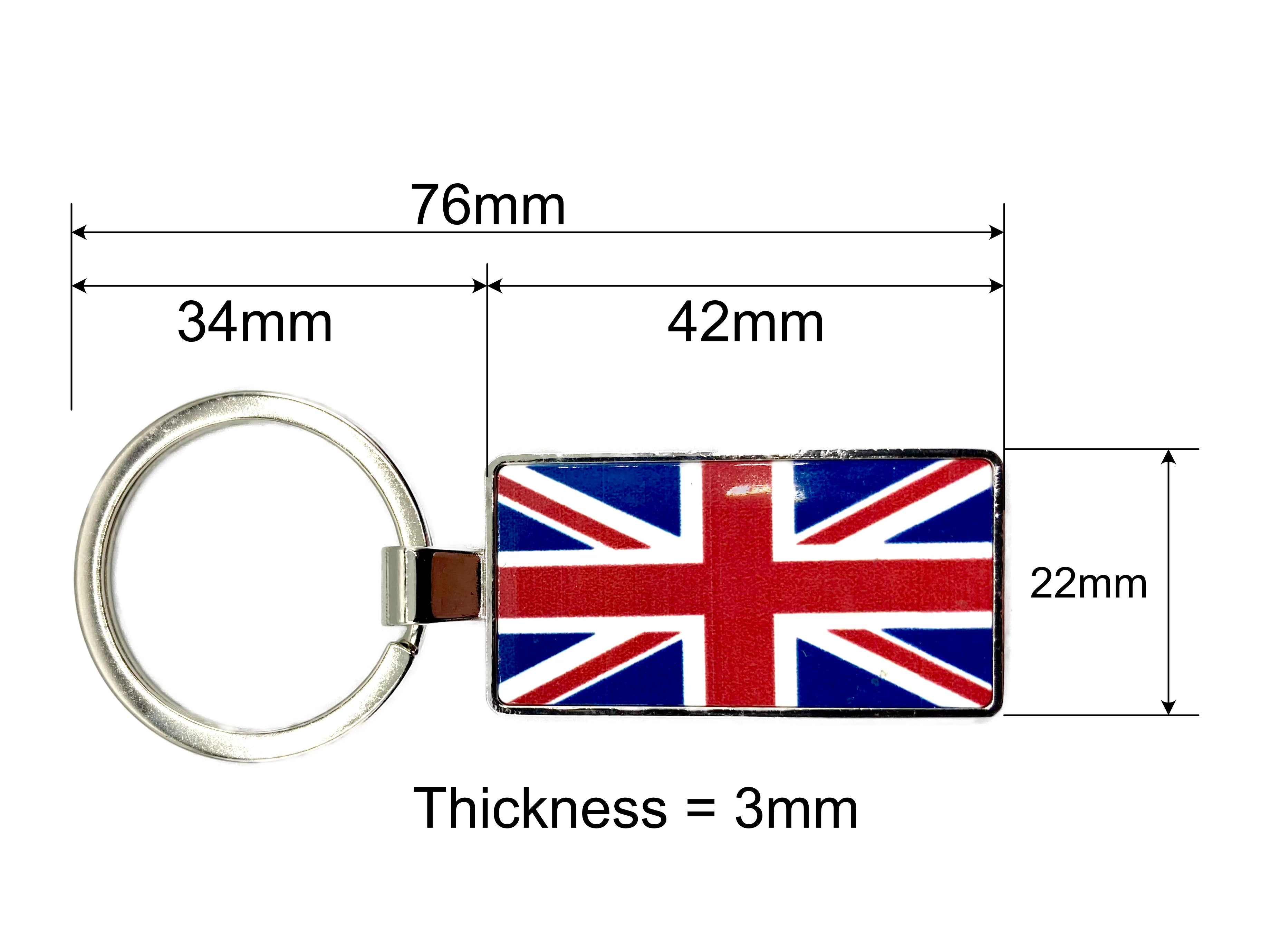 Keychain with Union Jack design and measurements on a white background