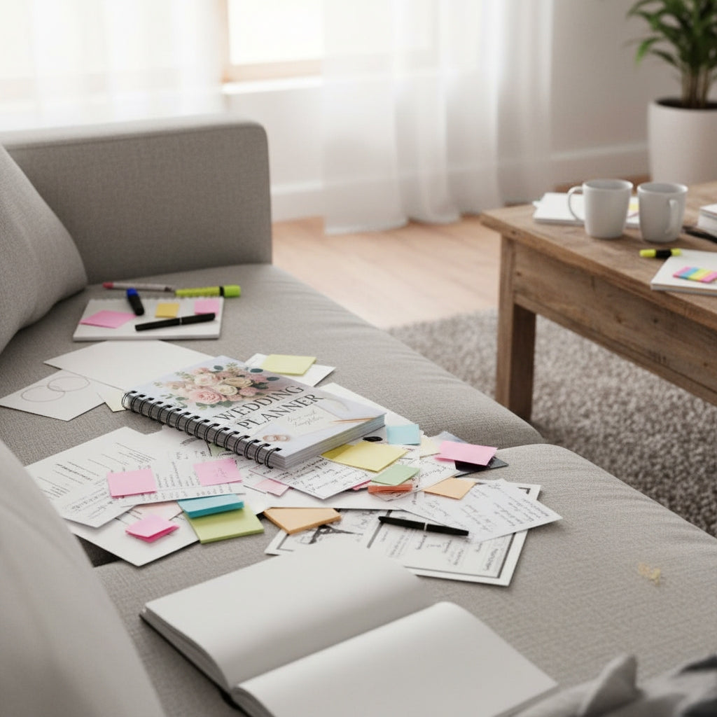 Scattered papers, notebooks, and markers on a gray sofa in a living room.