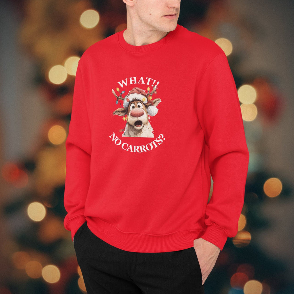 Person wearing a red sweater with a Christmas-themed design in front of blurred lights
