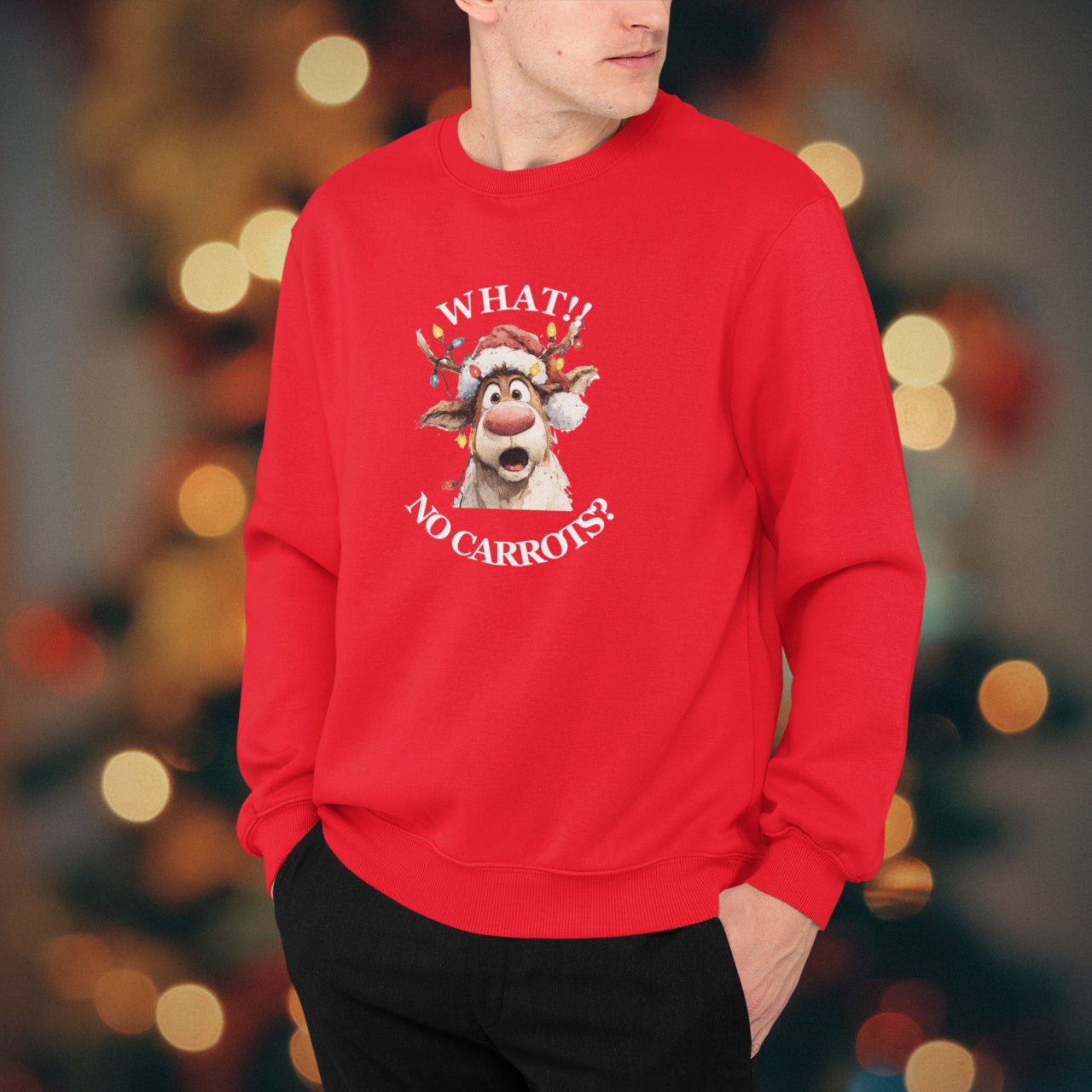 Person wearing a red sweater with a Christmas-themed design in front of blurred lights