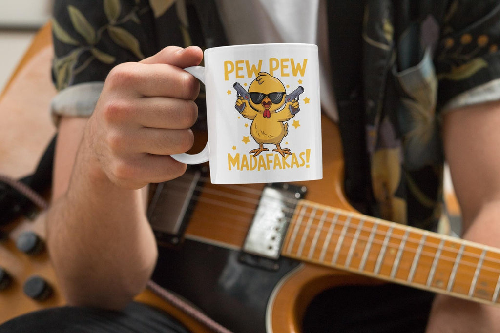 Funny Chick Mug with Sunglasses | Pew Pew Madafakas Mug | Cute Chicken with Guns Coffee Cup | Cool Sarcastic Gift for Him or Her
