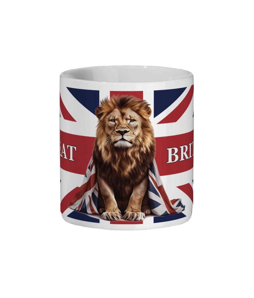 Lion Union Jack Mug: British Pride Coffee Cup, England Souvenir