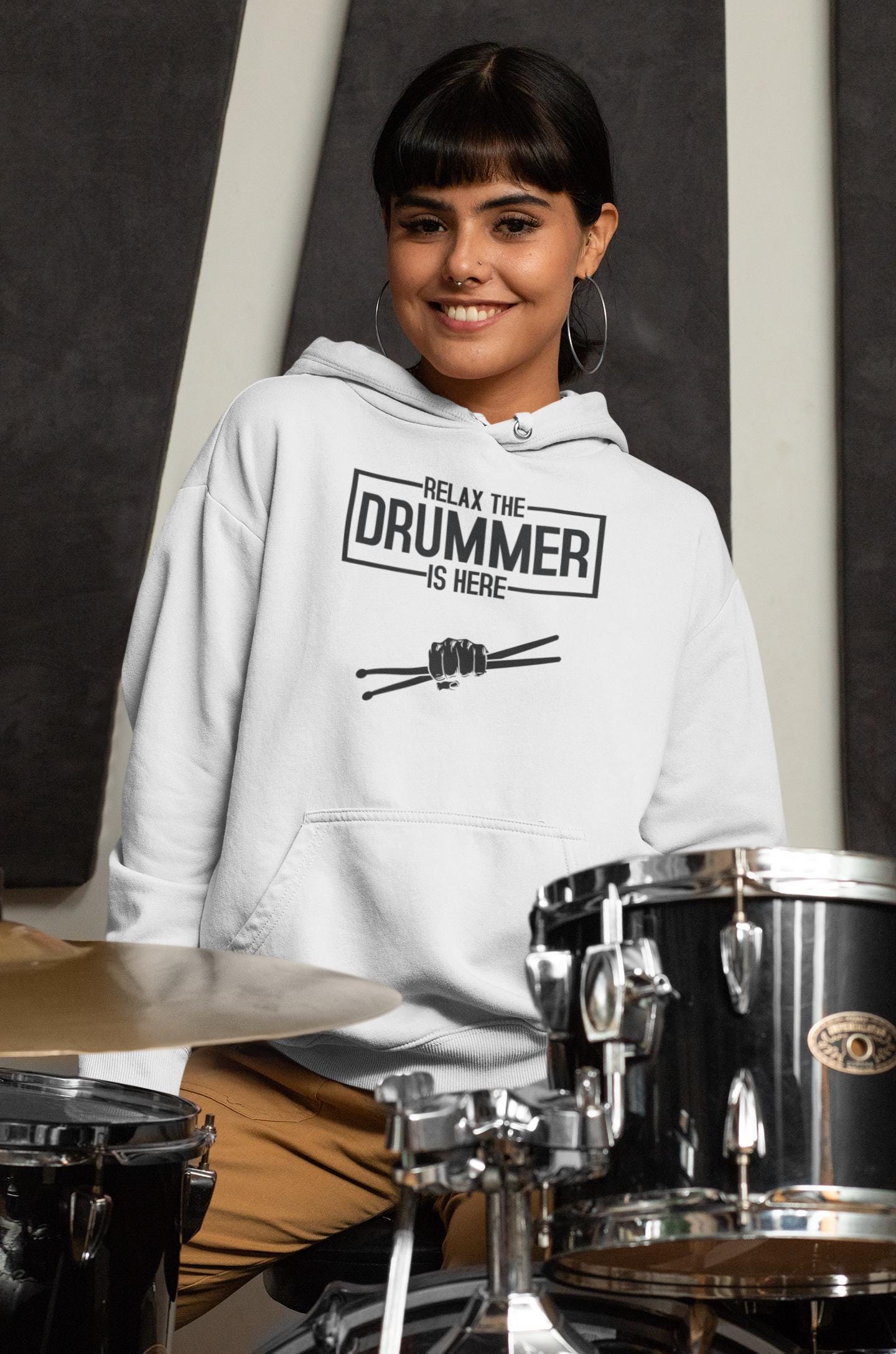 Cotton rich hoodie top for drummers - 'Relax The Drummer Is Here'
