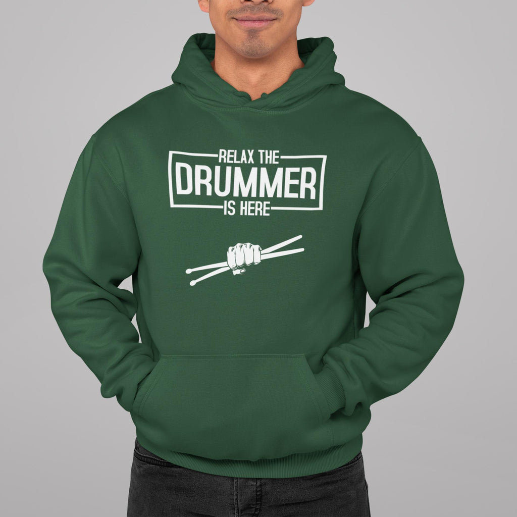 Cotton rich hoodie top for drummers - 'Relax The Drummer Is Here'