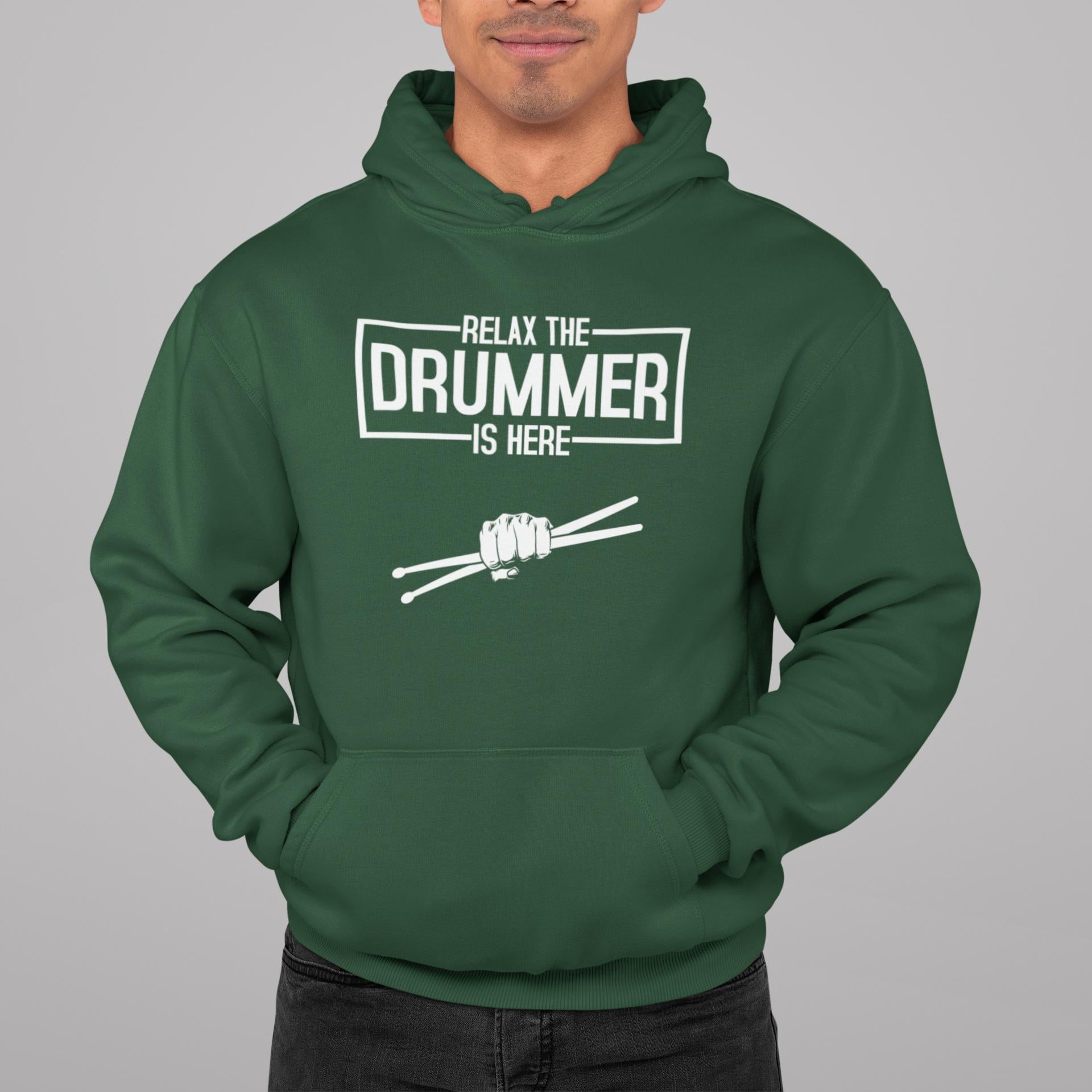Cotton rich hoodie top for drummers - 'Relax The Drummer Is Here'