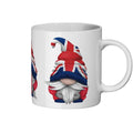 White mug with a design of a gnome wearing a Union Jack hat on a white background