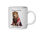 Mug with a lion and Union Jack design, featuring the text 'Forever British, Forever Proud' on a white background.