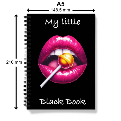 A5 Spiral Bound Notebook – "My Little Black Book" with Bold Lip Art & Lollipop Design | Sexy Aesthetic Journal | Sassy Gift for Her