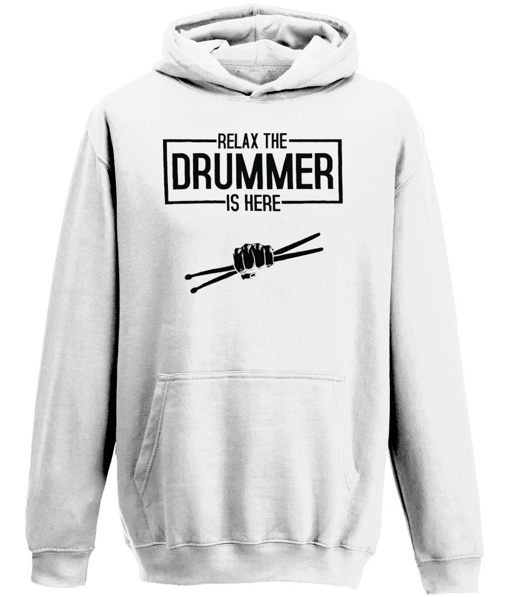Cotton rich hoodie top for drummers - 'Relax The Drummer Is Here'