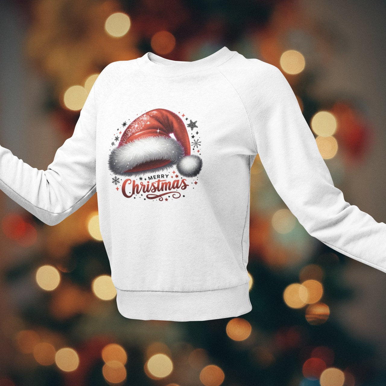 White sweatshirt with Christmas design on a blurred festive background