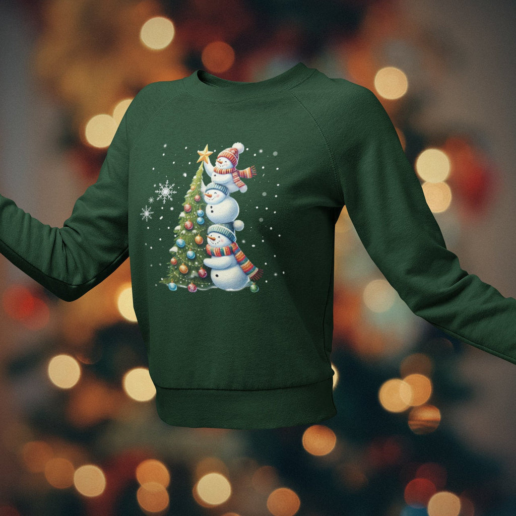 Green sweatshirt with a Christmas tree design on a blurred bokeh background