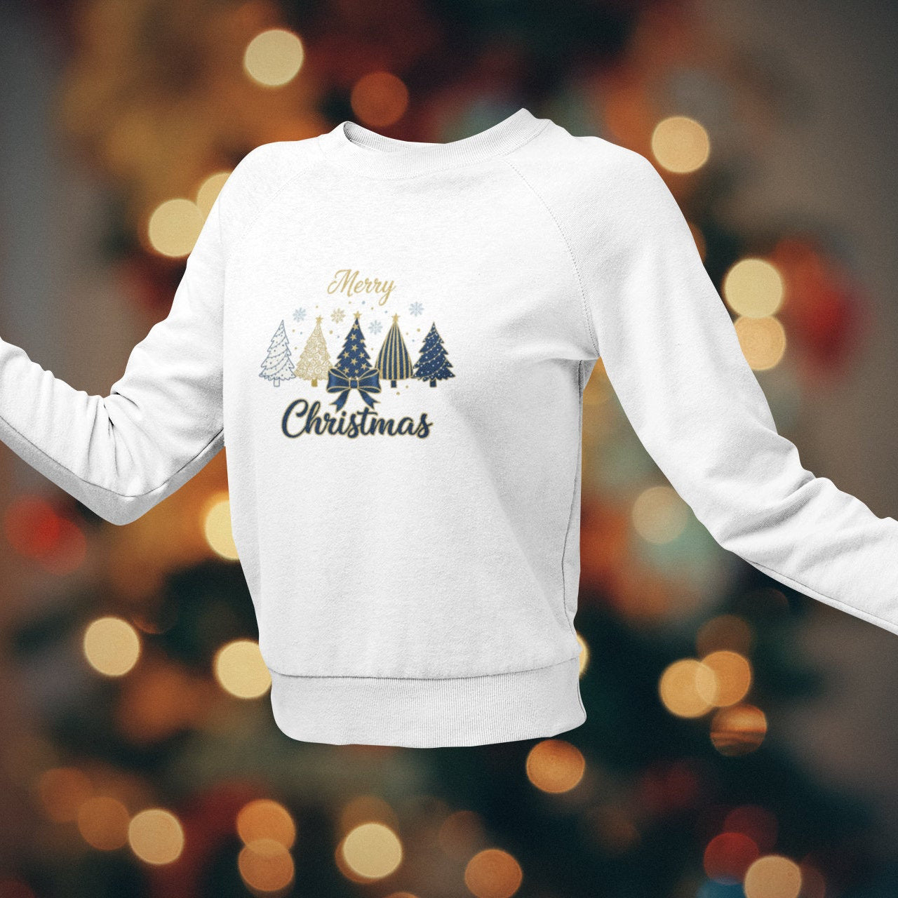 White sweatshirt with Christmas design on a blurred festive background