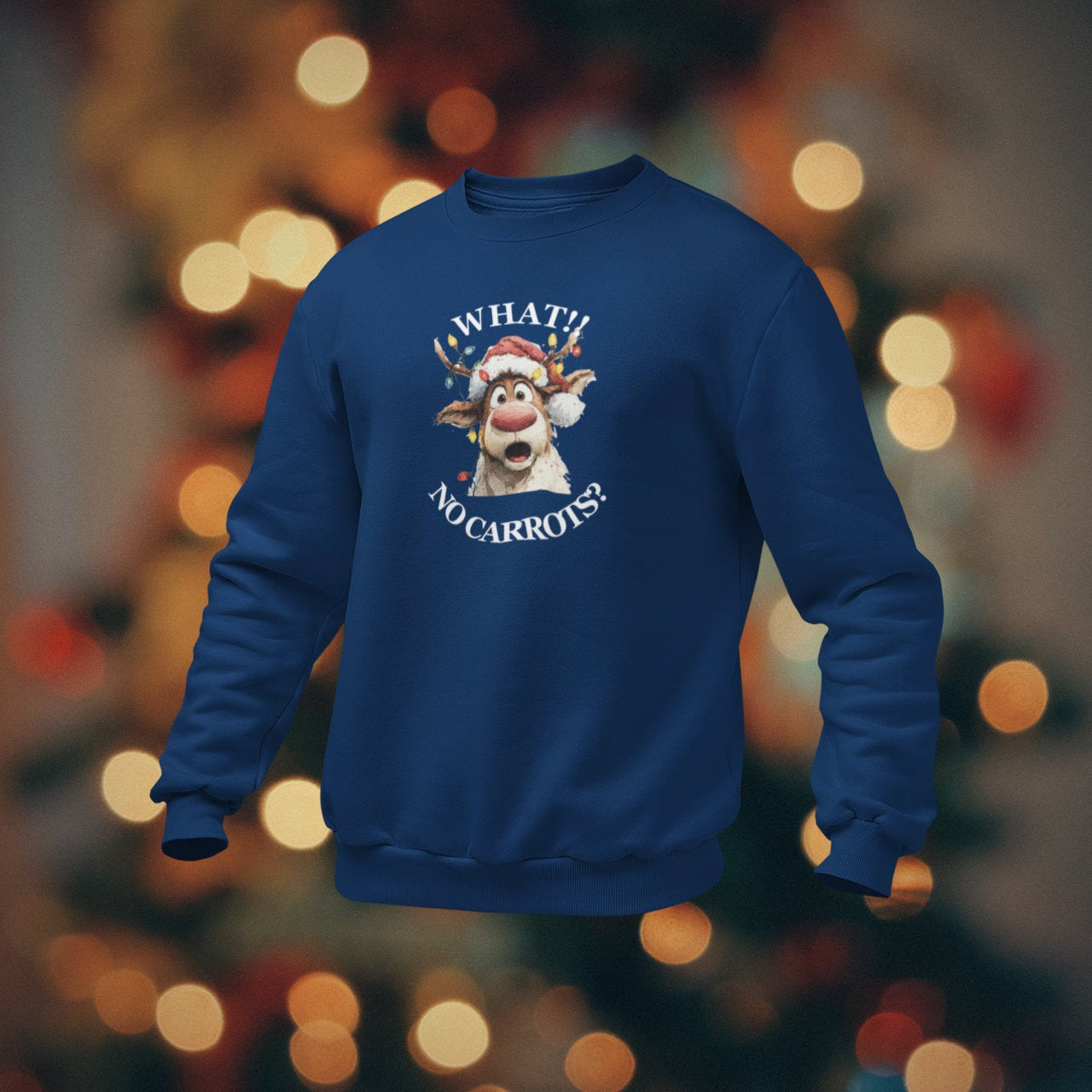 Blue sweatshirt with a graphic design on a blurred background with lights