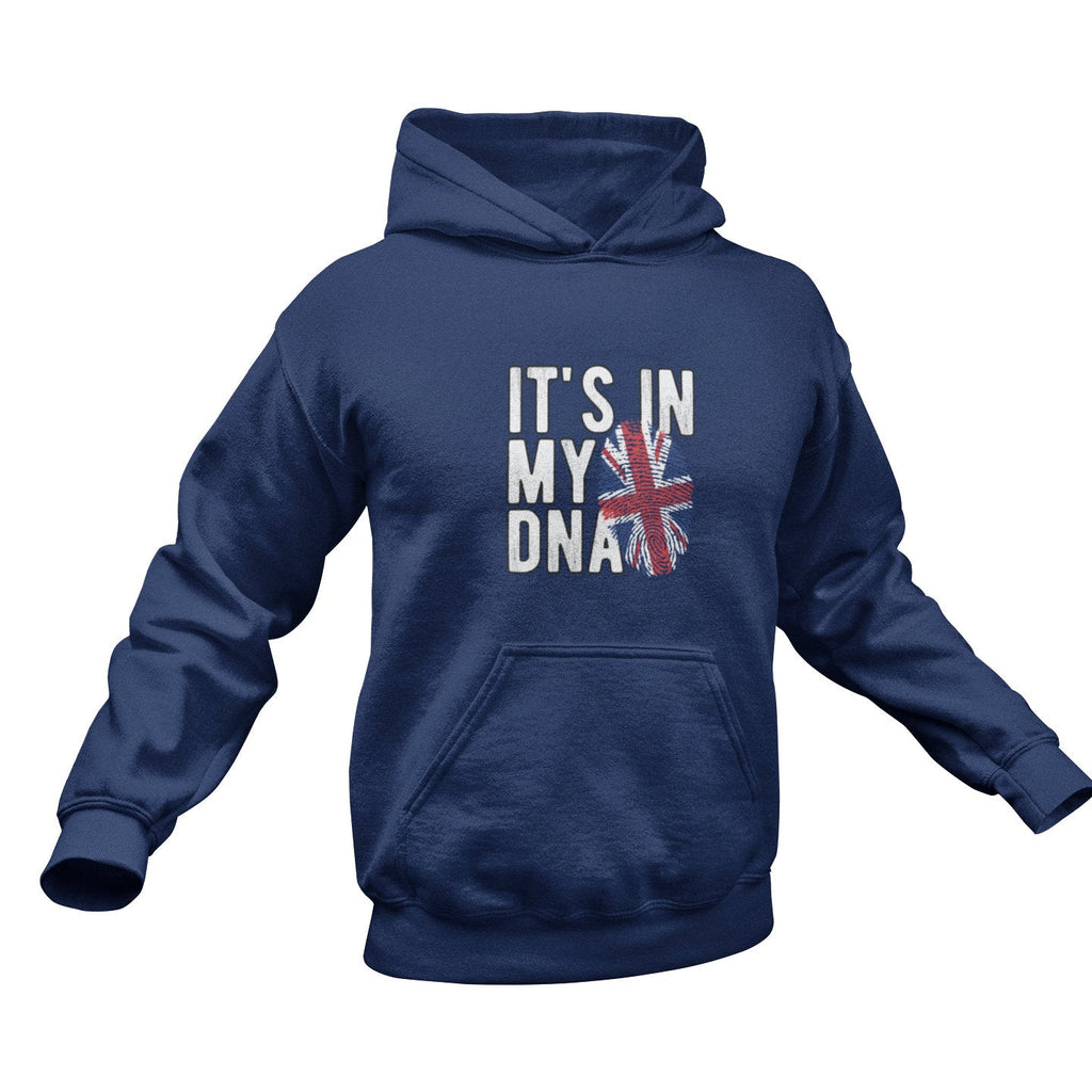 Navy blue hoodie with 'It's in my DNA' text and Union Jack design on a white background