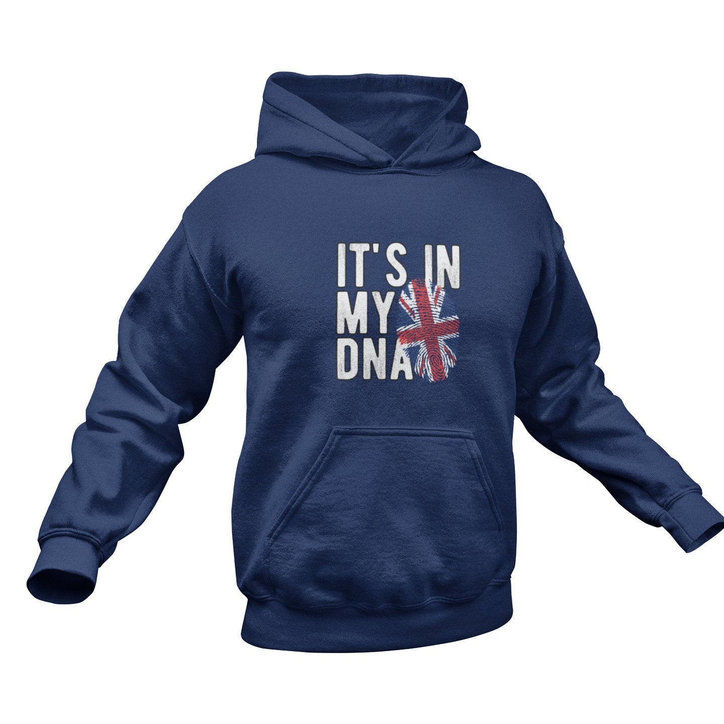 Navy blue hoodie with 'It's in my DNA' text and Union Jack design on a white background