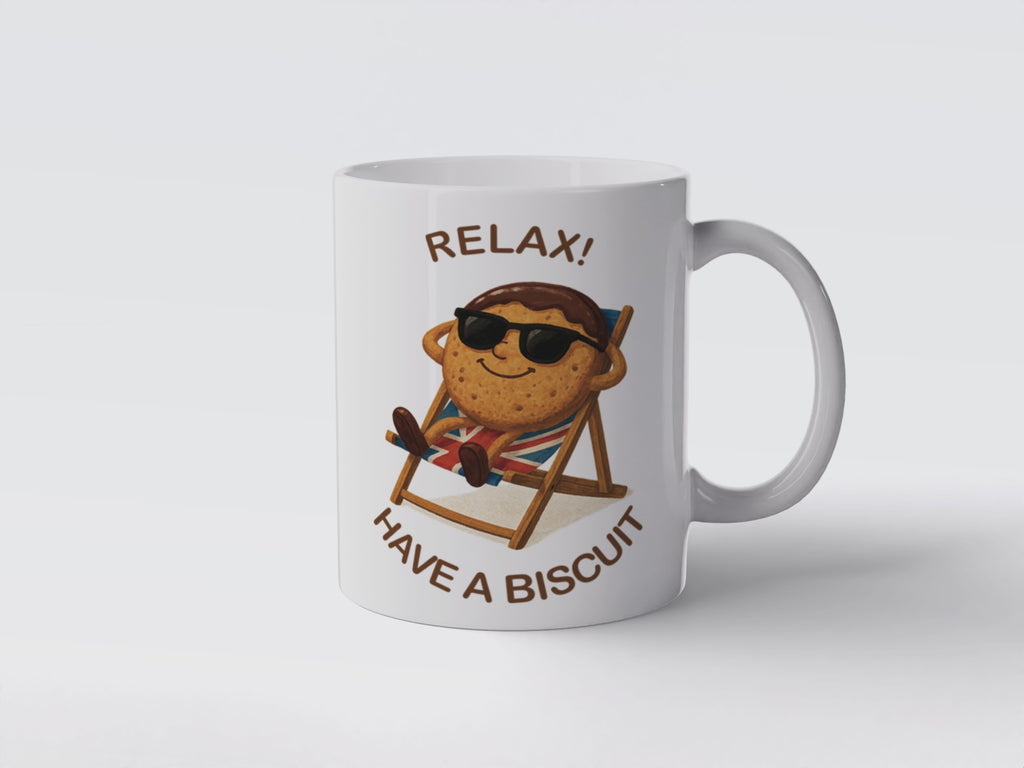 Funny Biscuit Mug "Too Cool to Crumble"  – 11oz White Ceramic Cup with Relaxing Digestive Cartoon – British Humour Gift