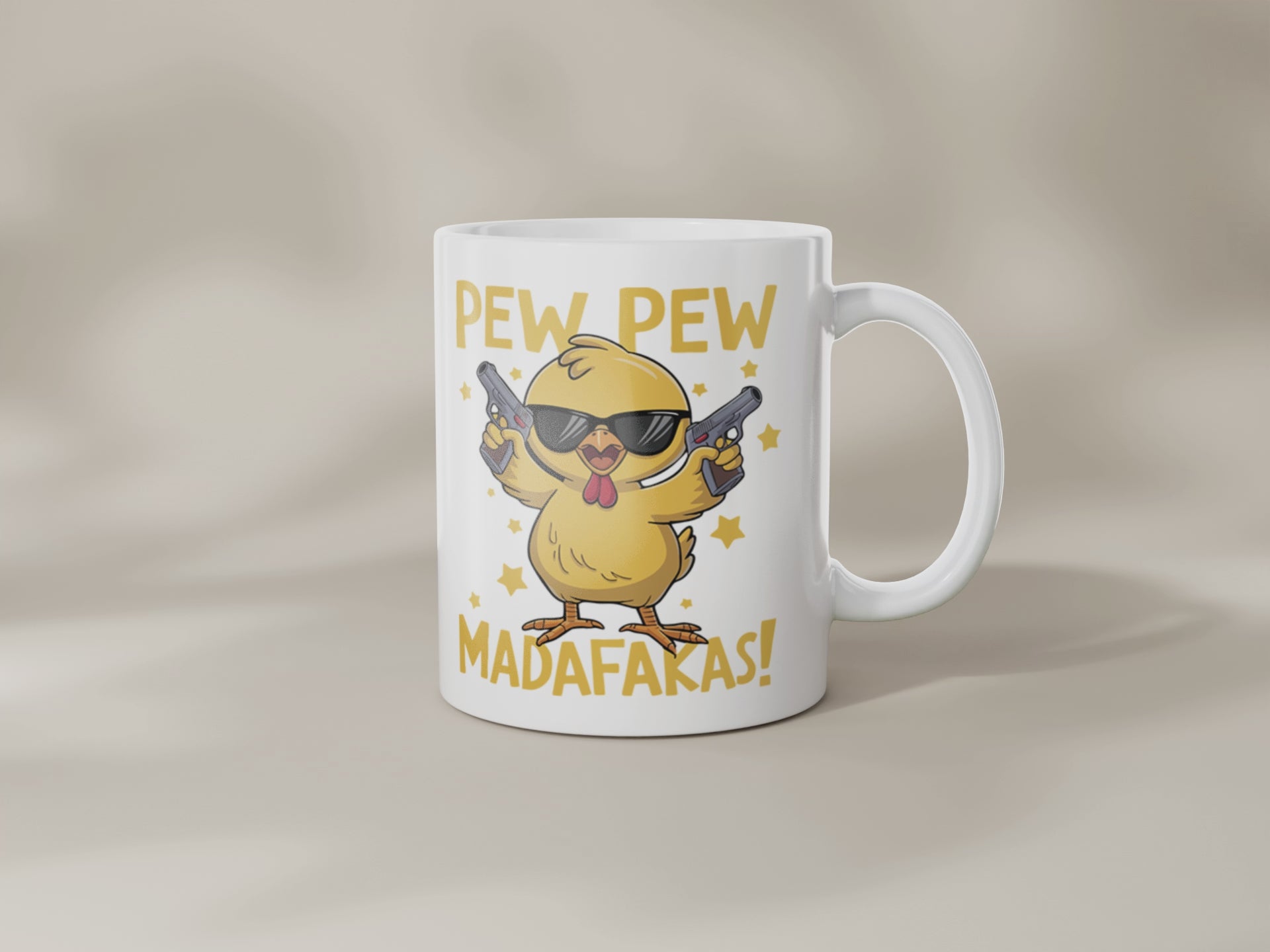 Funny Chick Mug with Sunglasses | Pew Pew Madafakas Mug | Cute Chicken with Guns Coffee Cup | Cool Sarcastic Gift for Him or Her