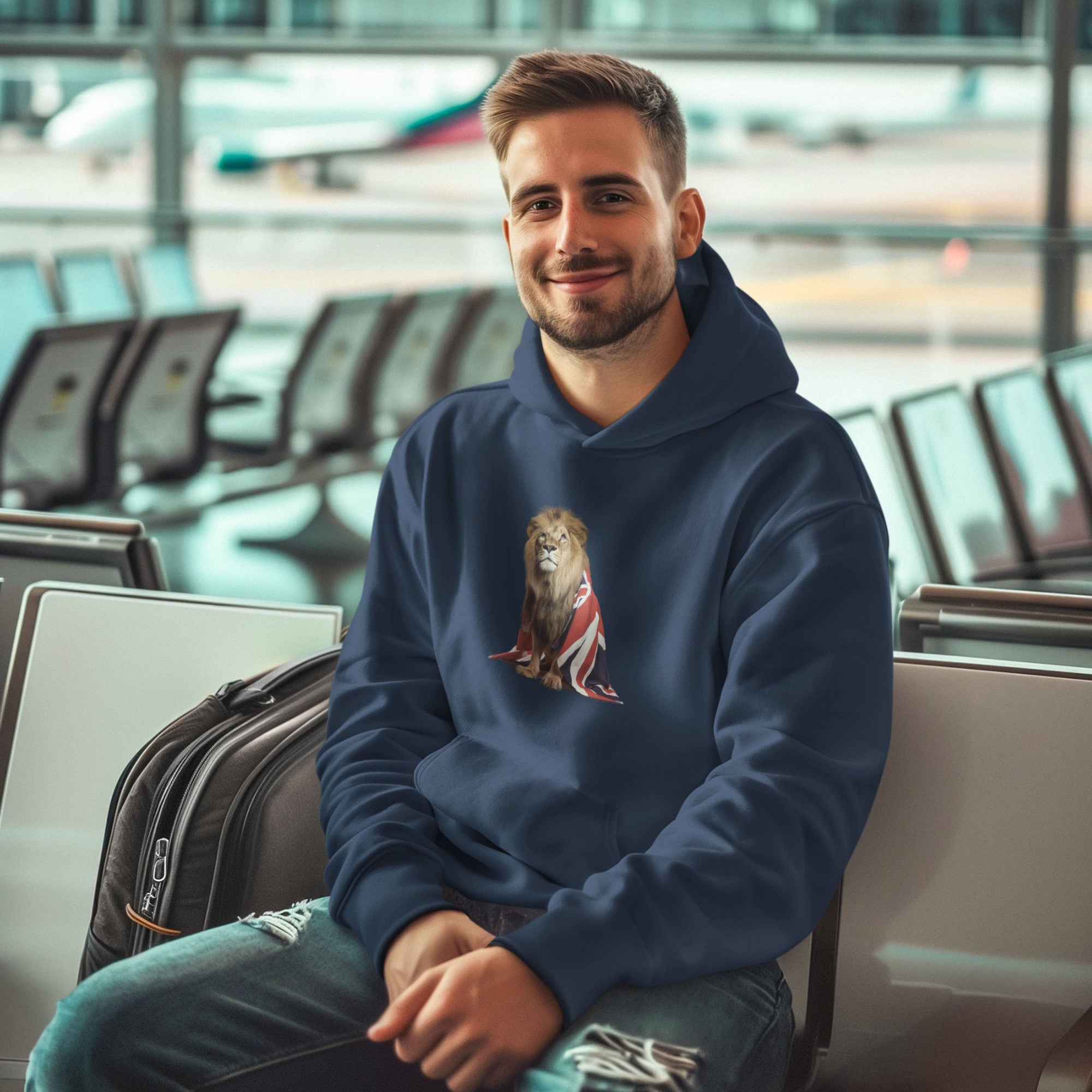 Man wearing a blue hoodie with a lion design in an airport terminal